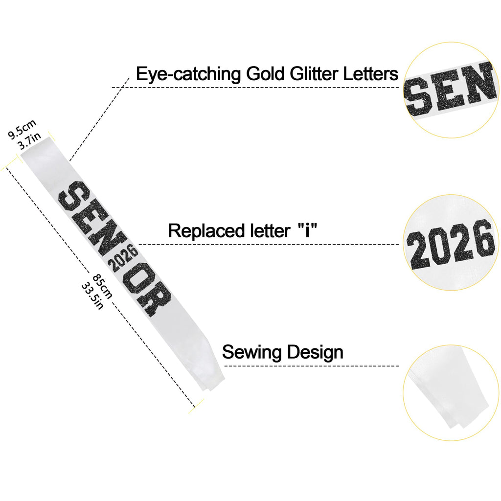 6Pcs White Senior 2027 Satin Sashes with Black Glitter Letters Senior 2027 Decorations - 2027 Graduation Celebrations Sashes - Senior Cheer Sash - Cheerleader Sash - Class Competition Sashes