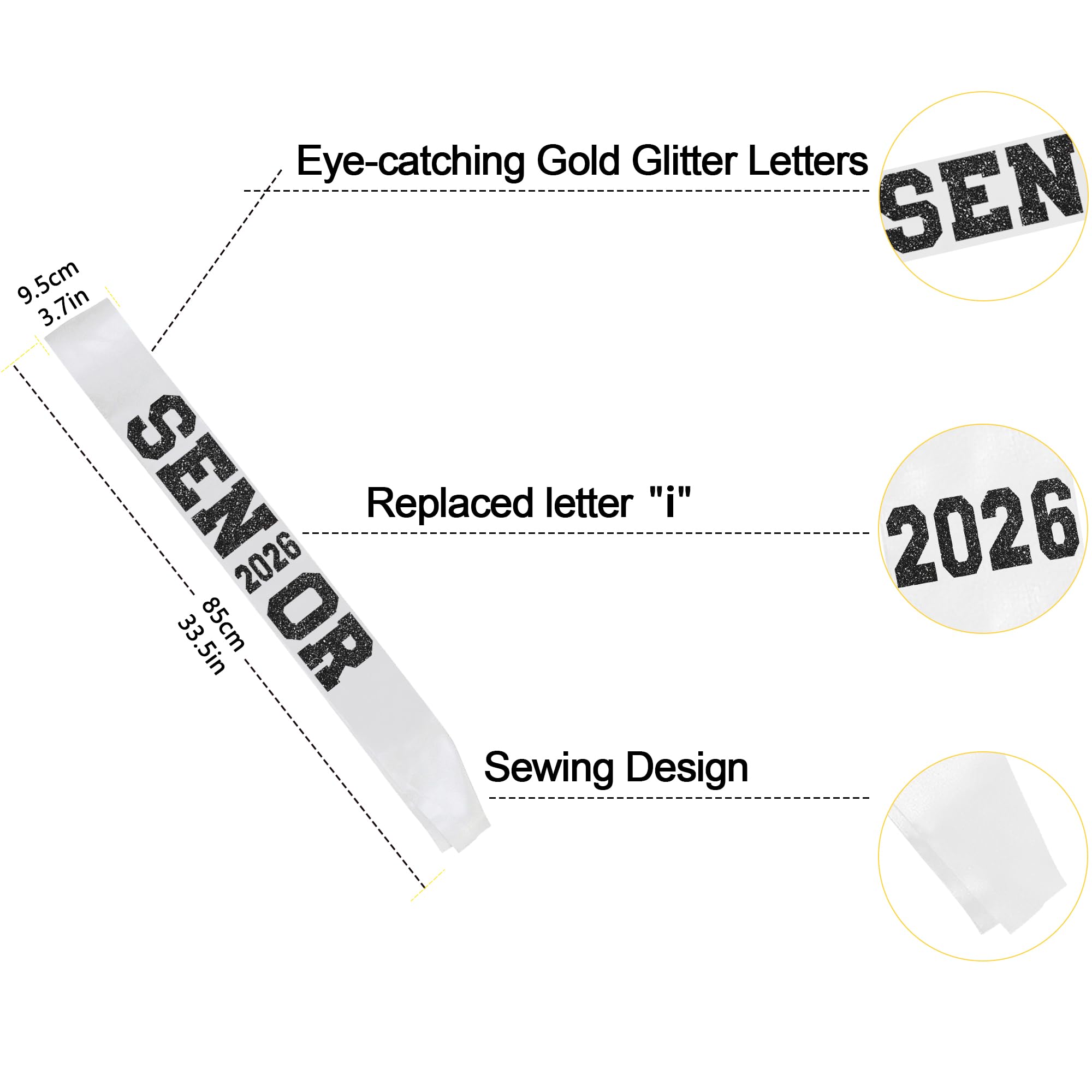 6Pcs White Senior 2027 Satin Sashes with Black Glitter Letters Senior 2027 Decorations - 2027 Graduation Celebrations Sashes - Senior Cheer Sash - Cheerleader Sash - Class Competition Sashes