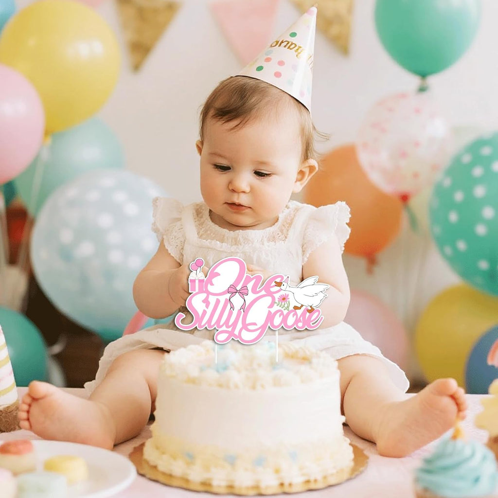 One Silly Goose Birthday Cake Topper - Fun Goose Theme Decorations for 1st Birthday | Cupcake Photo Props