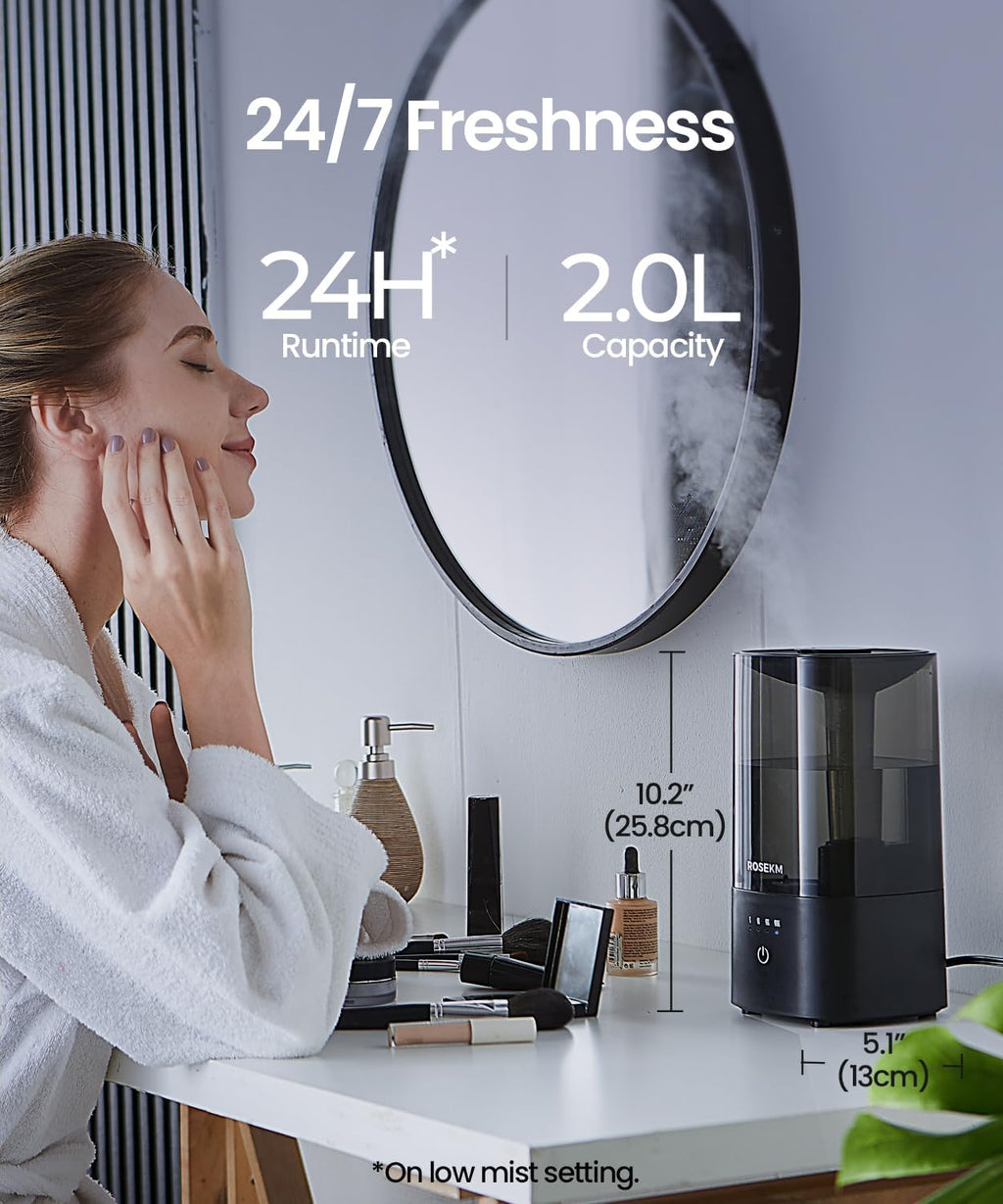 ROSEKM Cool Mist Humidifier - 2.0L Ultrasonic Design for Bedroom & Nursery | Quiet, Filterless, Auto Shut-Off, Black