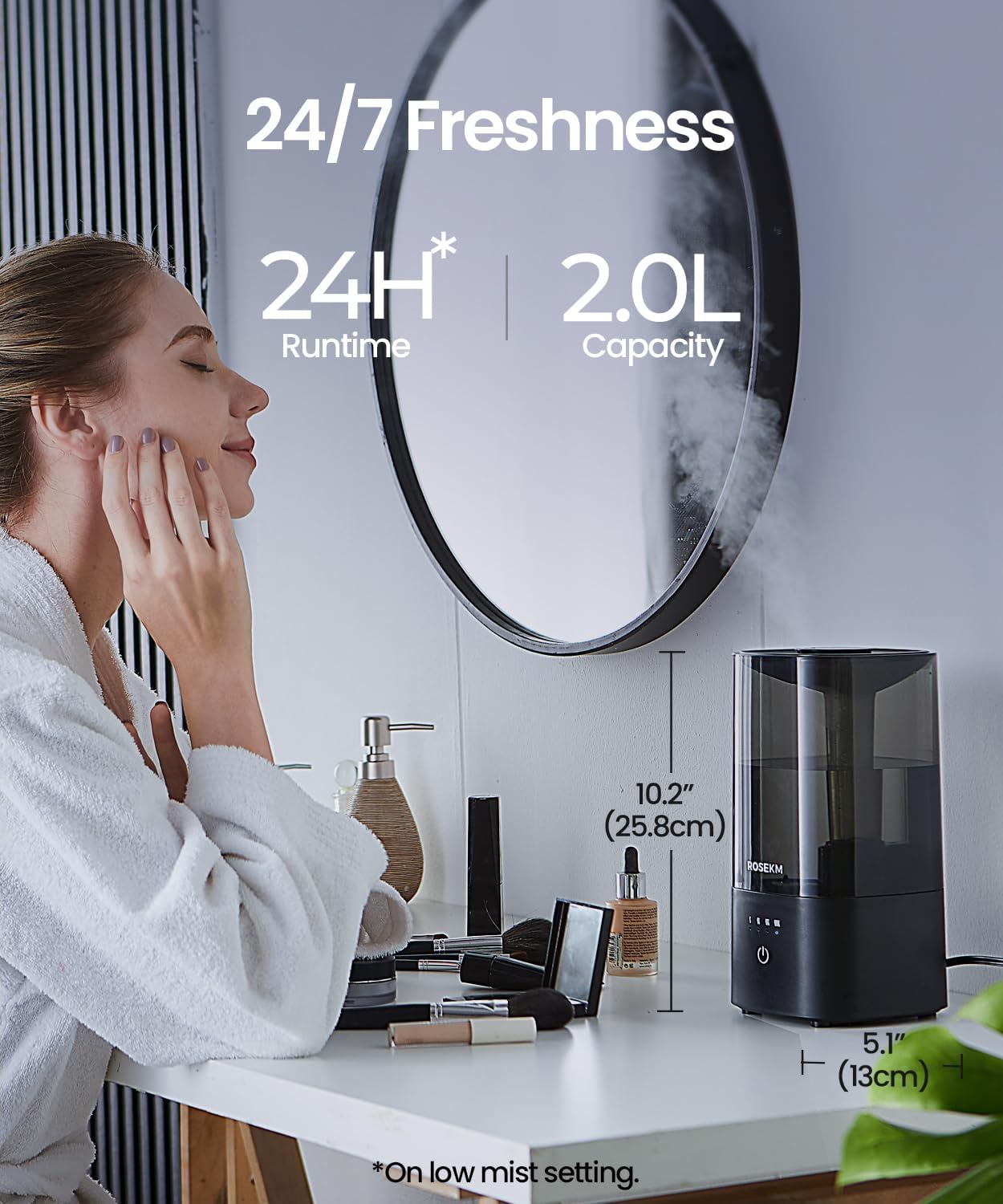 ROSEKM Cool Mist Humidifier - 2.0L Ultrasonic Design for Bedroom & Nursery | Quiet, Filterless, Auto Shut-Off, Black