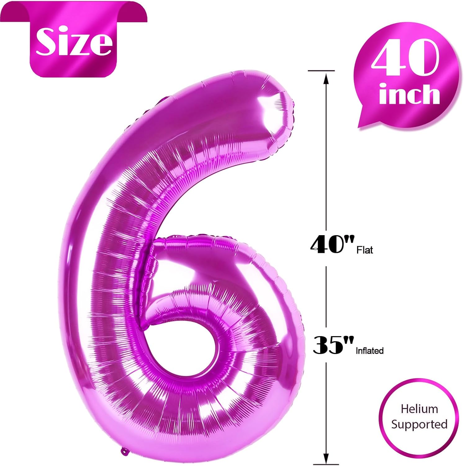 Rosy Purple Number 6 Balloon - 40 Inch Birthday Decoration for 6th Birthday Parties