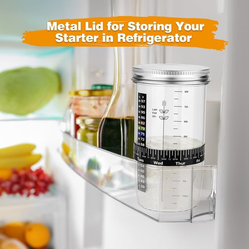 Glass Sourdough Starter Kit with Cloth Cover & Metal Lid, Tracker Band, Thermometer, Jar Scraper, Lame, Dough Whisk, Bread Baking Supplies