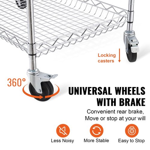 VEVOR Kitchen Utility Cart, 3 Tiers, Wire Rolling Table with 661 LBS Capacity, Steel Service Desk on Wheels, Metal Storage Trolley with 80 mm Deep Basket Curved Handle 6 Hooks