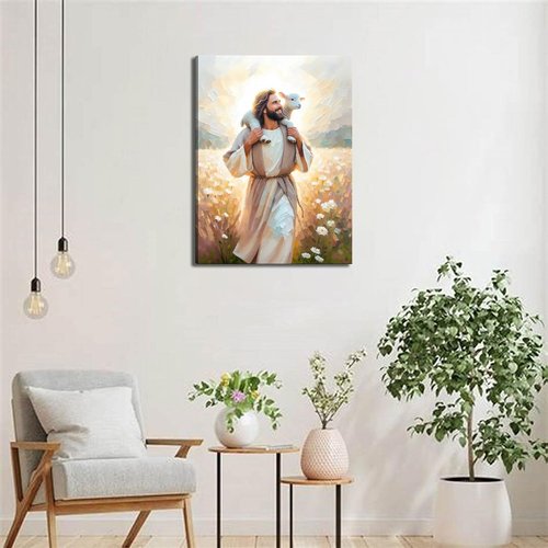 GKQNMU Jesus Carrying The Lamb Canvas Wall Art - Christ The Good Shepherd Decor for Living Room | Ready to Hang