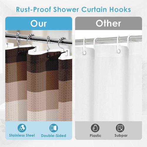 Nesphy Shower Curtain and Liner, Brown Striped 3 in 1 Shower Curtain and PEVA Liner Set with 12 Rust-Resistant Metal Hooks, Waterproof Fabric Shower Curtains for Bathroom, 72 W x 72 H