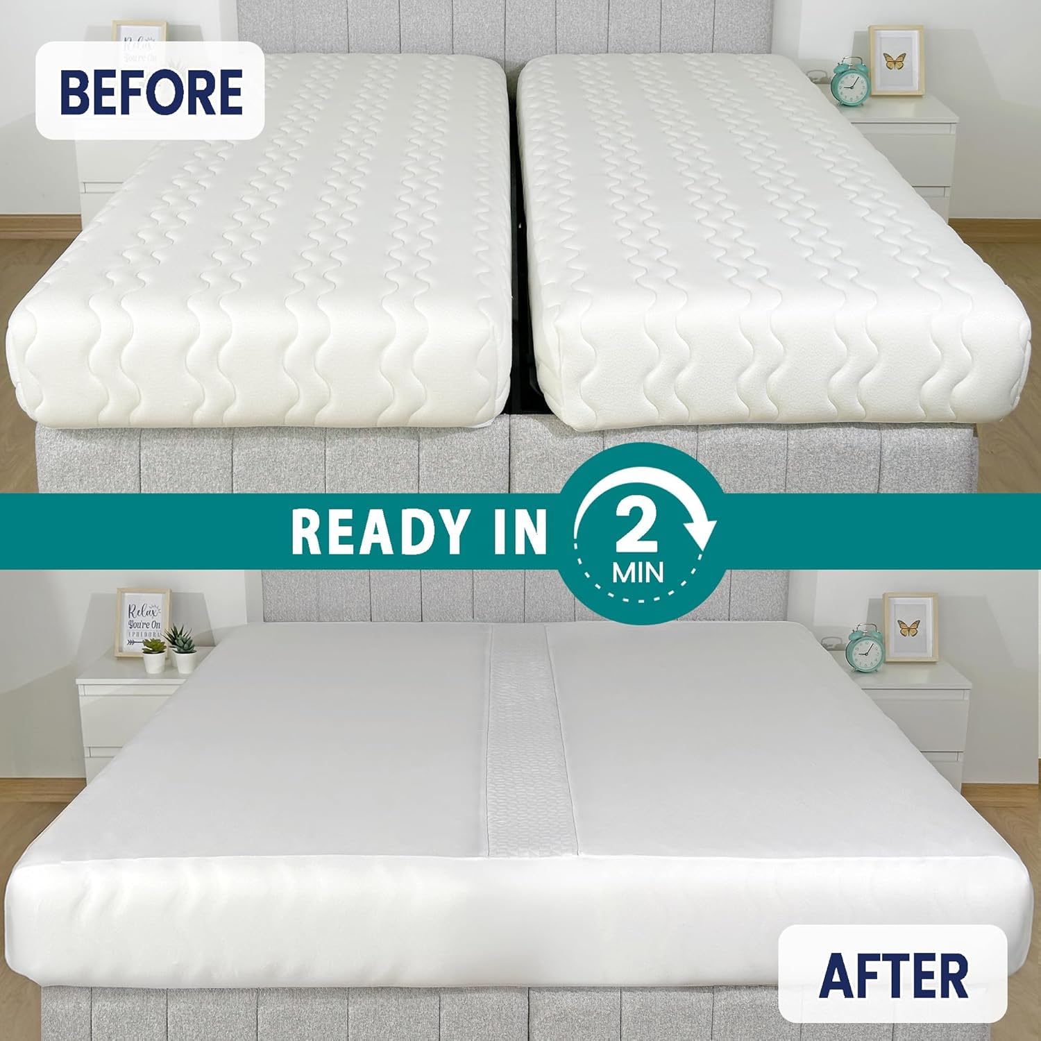 EPHEDORA 2-in-1 Fitted Sheet Attached Bed Bridge Twin (XL) to King Converter Kit | Split King Gap Filler for Adjustable Bed | White