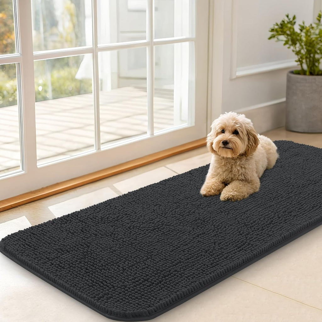 OLANLY Dog Door Mat - Absorbent Non-Slip Chenille Mat for Muddy Paws | 47x20 Inches, Dark Grey