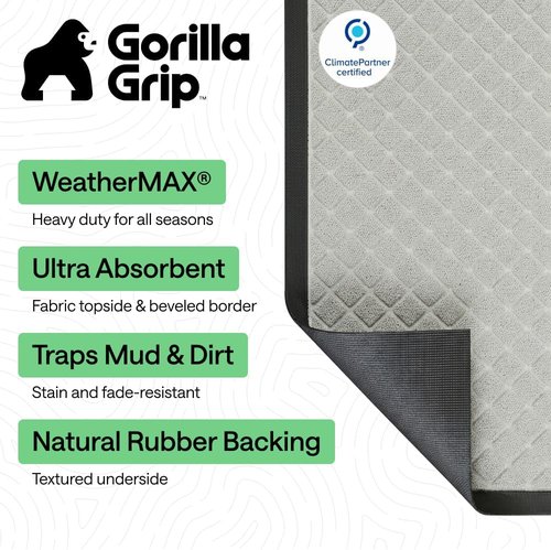 GORILLA GRIP Waterproof All-Season Doormat - Natural Rubber, Stain & Fade Resistant, Easy Clean | 29x17, Light Gray