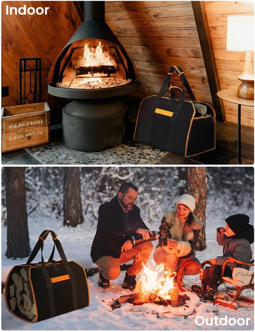 YOHOOLYO 2 In 1 Firewood Carrier, Waxed Canvas Large Fireplace Log Carriers Heavy Duty Firewood Tote Bag Log Holder with Handles Strap for Fireplace Indoor Outdoors Camping