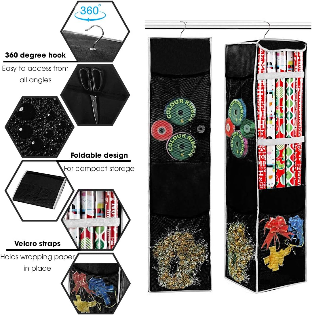 ProPik Holiday Wrapping Paper Storage Bag - 360° Swivel Hanger with Mesh Pockets | Holds Up to 25 Rolls, 40 Inch, Black