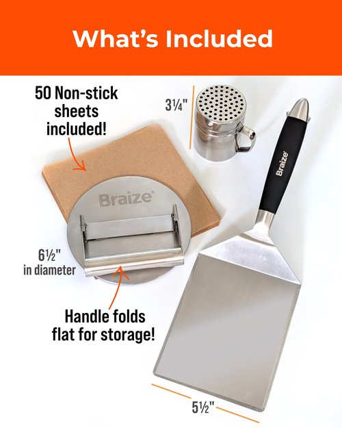 Braize Smash Burger Press Kit – 6.5 Inch Stainless Steel Hamburger Smasher Tool – Heavy Duty Grill Press for Flat Top Griddles and Cast Iron Pans – Perfect for Crispy Smashed Burger Patty – Shaker Set