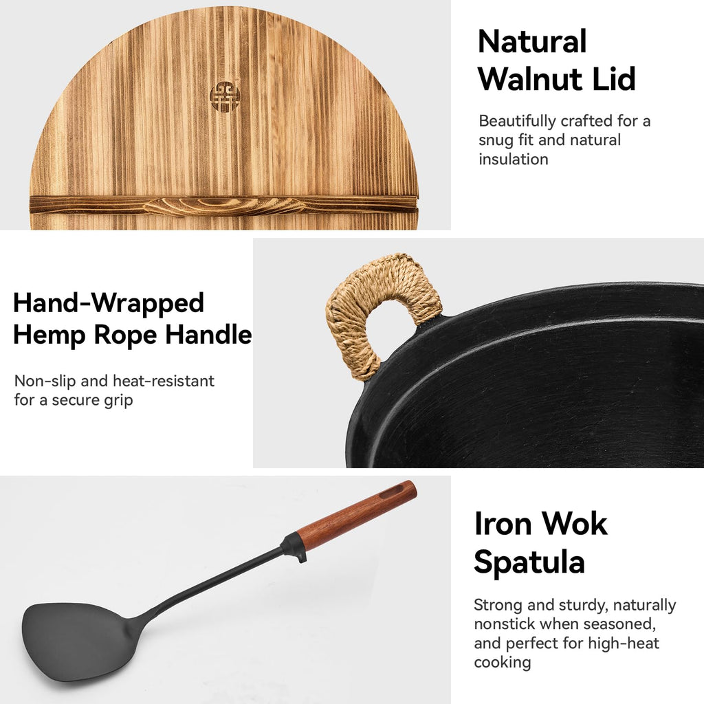 WANGYUANJI 13.4 Inch Cast Iron Wok with Wooden Lid and Iron Spatula, Flat Bottom Double-Handle Chinese Stir Fry Pan, Uncoated Cast Iron Wok for Induction, Gas and Electric Stoves
