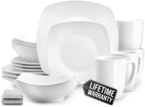 Zulay Kitchen Luna Plates and Bowls Sets, 16 Piece Modern Porcelain Dish Set for 4, Chip and Scratch Resistant Square Dinnerware Set, Microwave and Dishwasher Safe, Pearl White
