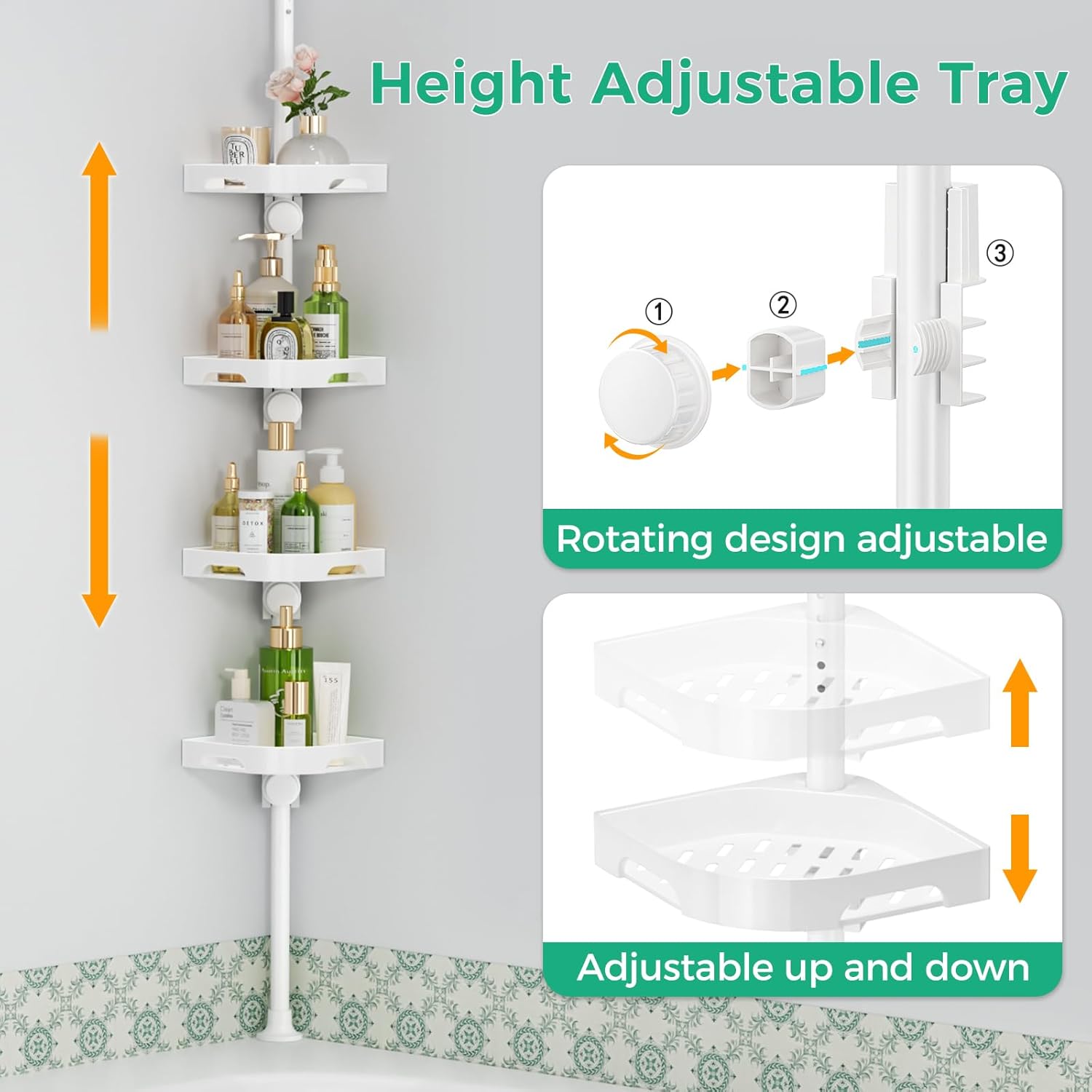 Shuang Qing 4-Tier Corner Shower Caddy - Adjustable Rustproof Metal Organizer | White Plastic Shelves with Safety Guardrail