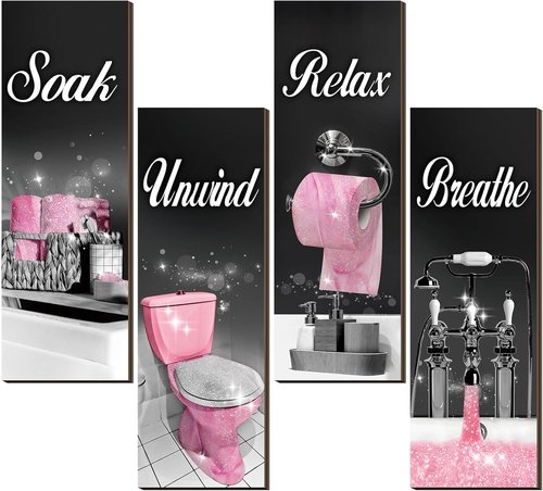 Honoson Bathroom Decor Wall Art - 4 Pcs Farmhouse Signs for Relaxation | Black & Pink