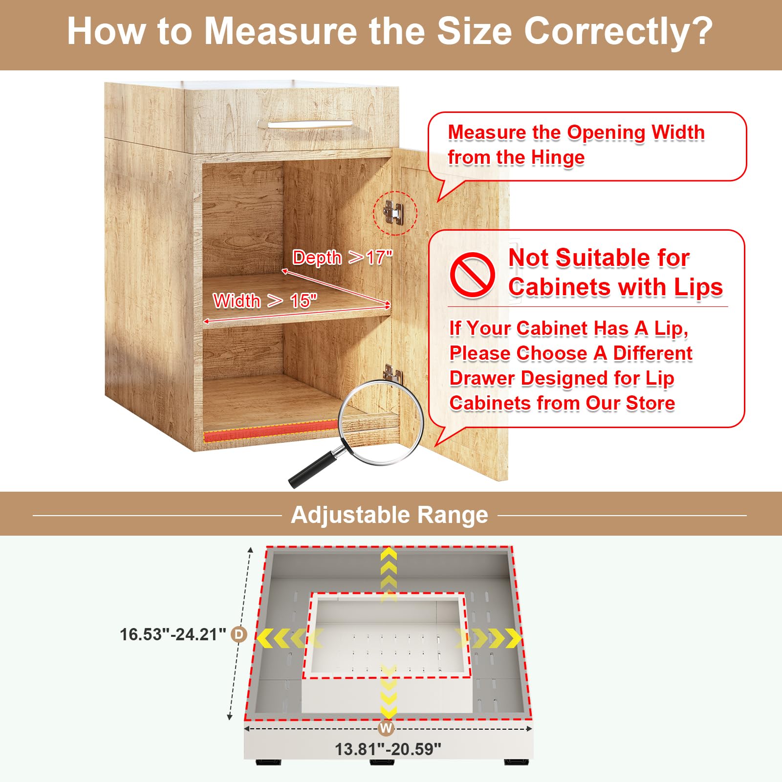 Pull out Cabinet Organizer,Width (14"-21") and Depth (17"-24") Expandable With 3 Rails,No Drill Adjustable Slide out Drawers for Kitchen,Pantry,Adhesive Roll out Shelves,for Cabinets Without Lip,White