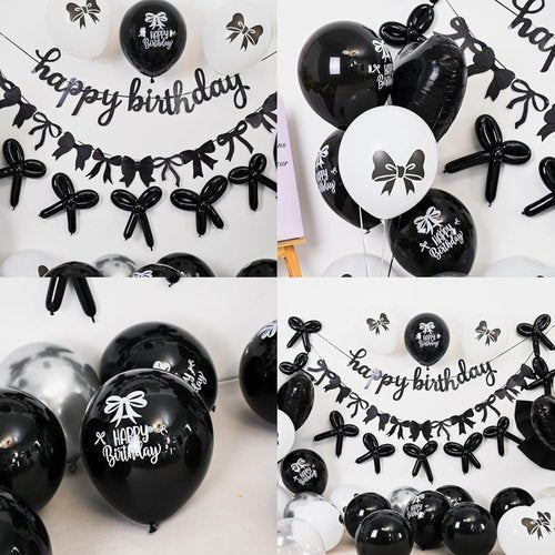 Bow Coquette Birthday Decorations - Black & Silver Party Set with Happy Birthday Banner & Heart Foil Balloons