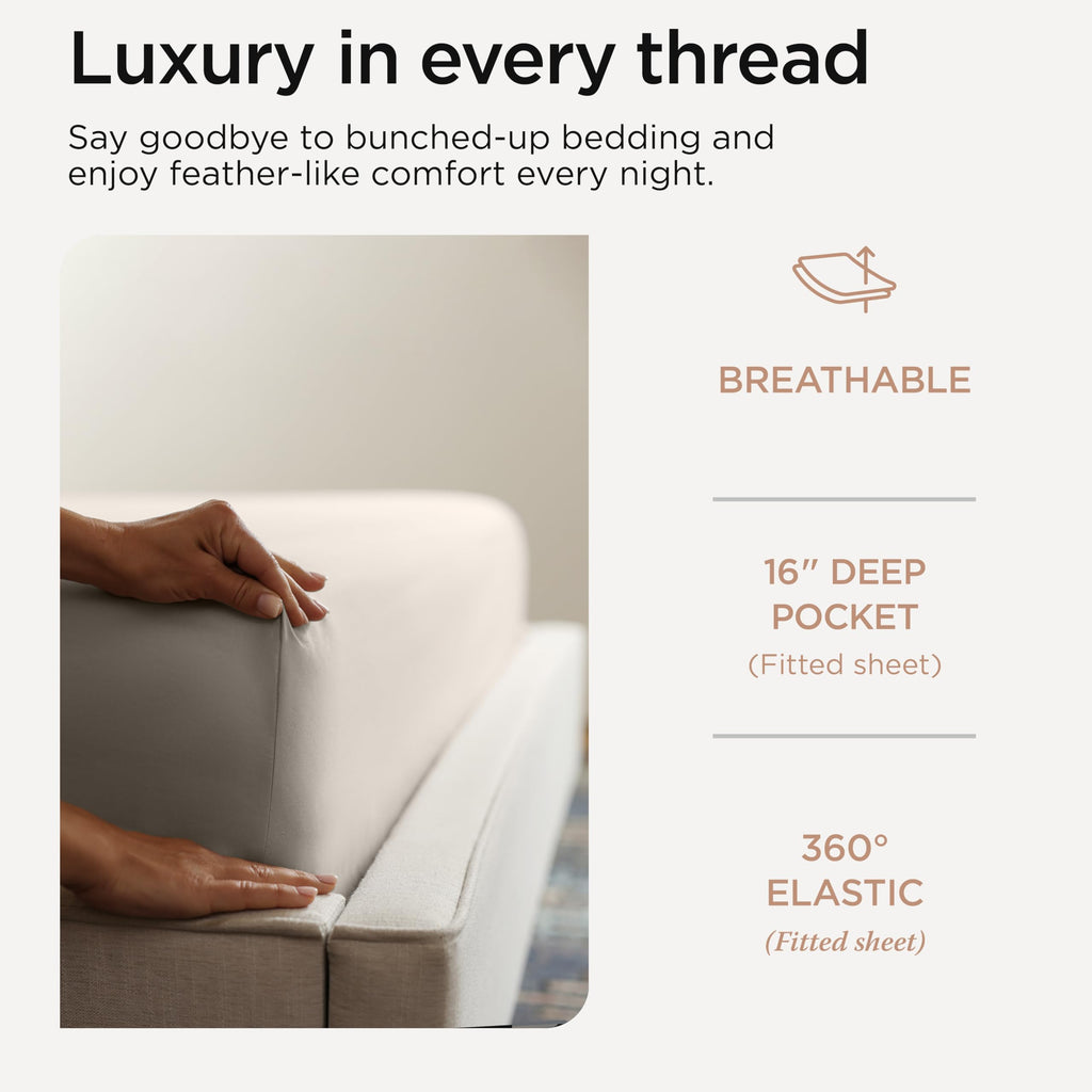 Threadmill Queen Sheet Set | 600 Thread Count Queen Bed Sheets for Queen Mattress with 16” Deep Pocket | Sateen Weave 4-Piece Bedding Set with Cooling Effect | Taupe