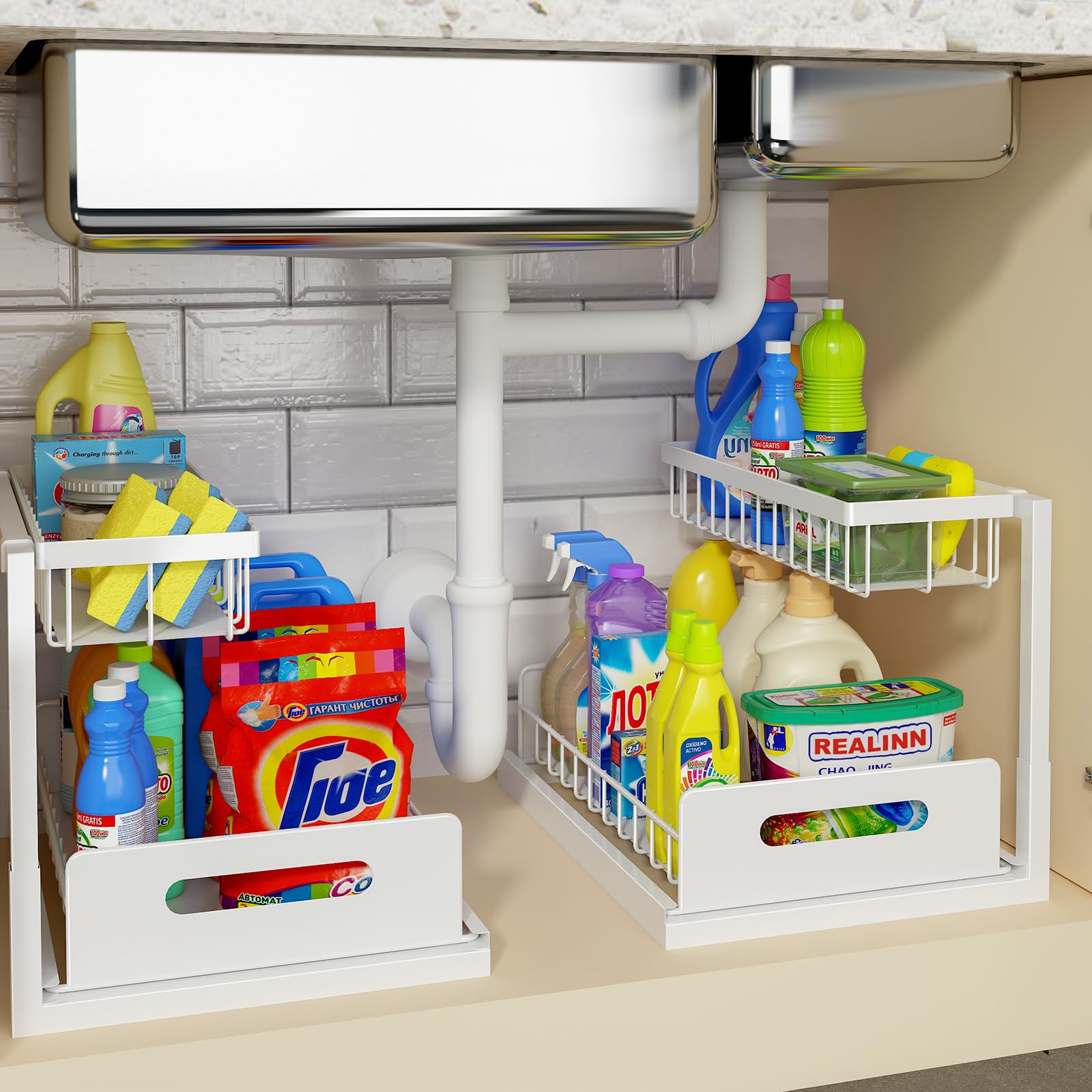 REALINN Under Sink Organizer, Pull Out Cabinet Organizer, 2 Tier Metal Slide Out Shelf with L Shaped Design, Under Cabinet Storage for Kitchen, Bathroom, Laundry, Deep Cabinet Shelf Storage, White