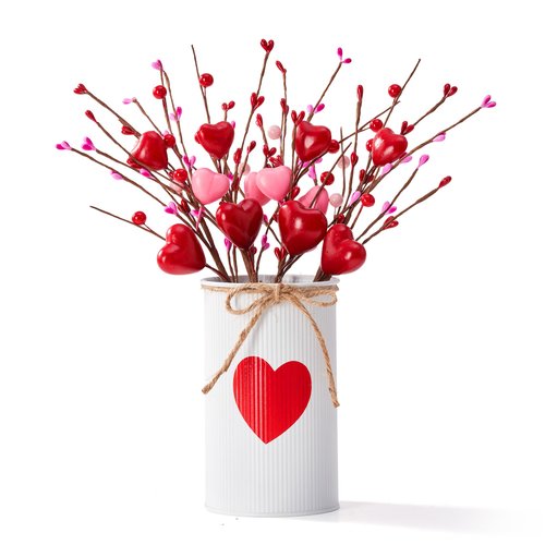 KIVIVO Valentines Day Centerpieces for Tables, Valentines Table Decor with 1 Printed Heart White Metal Vase, 4 Pcs Heart Artificial Flowers, Valentine's Day Table Decorations Indoor for Home, Kitchen