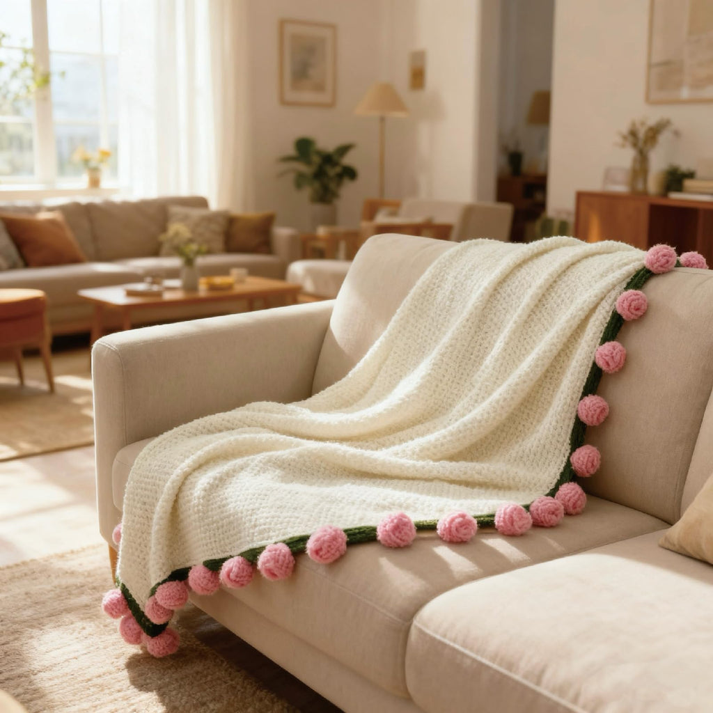SoffMoiis 47-Inch Round Crochet Rose Flower Bouquet Blanket for Bed & Couch, Romantic Gift for Daughter Birthday, Valentine, Christmas,Mother's Day (Pink)