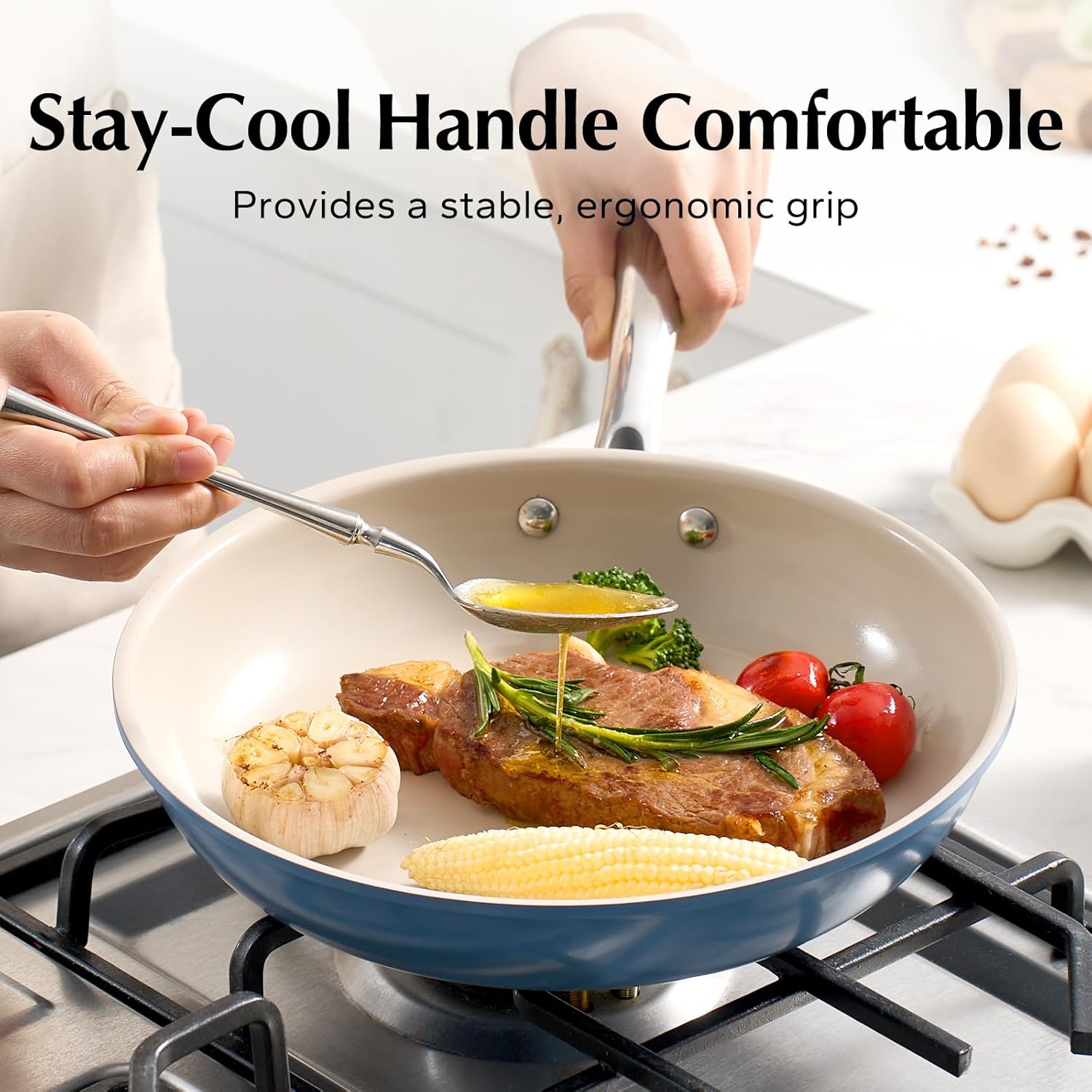 Redchef Nonstick Ceramic Egg Pan - 8 Inch Frying Skillet with Stay Cool Handle | PTFE & PFOA Free, Dishwasher Safe (Blue)
