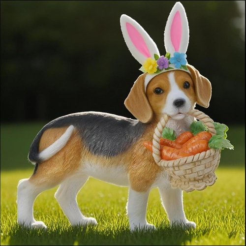 Cynkeyee Dog Garden Statue - Adorable Beagle with Bunny Ears & Carrot Basket | 11.5" x 4" x 10.5" Indoor/Outdoor Decor