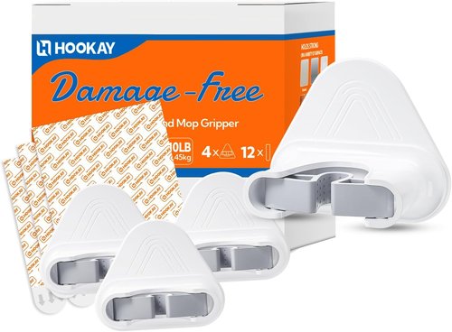 Hookay 10lbs Broom and Mop Grippers - Damage-Free Wall Hooks with 4 Hangers & 12 Adhesive Strips | Home Organization Solution