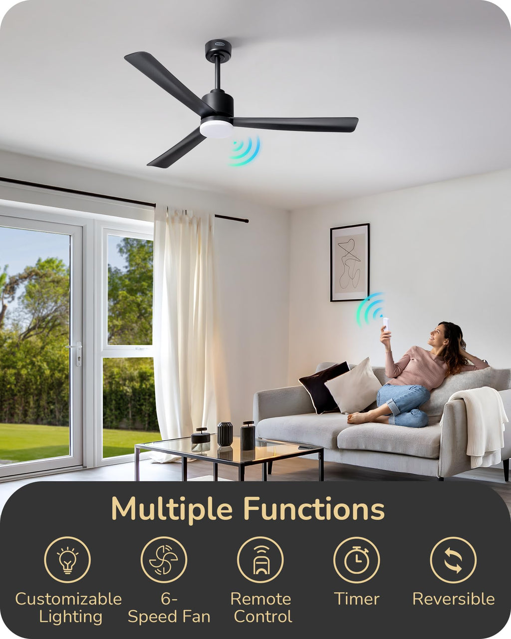EDISHINE 52" Modern Matte Black Ceiling Fans with Lights, Noiseless, Remote Control, 3CCT Dimmable, Reversible DC Motor, 6 Speeds, Indoor Ceiling Fan for Bedroom, Living Room, Home Office