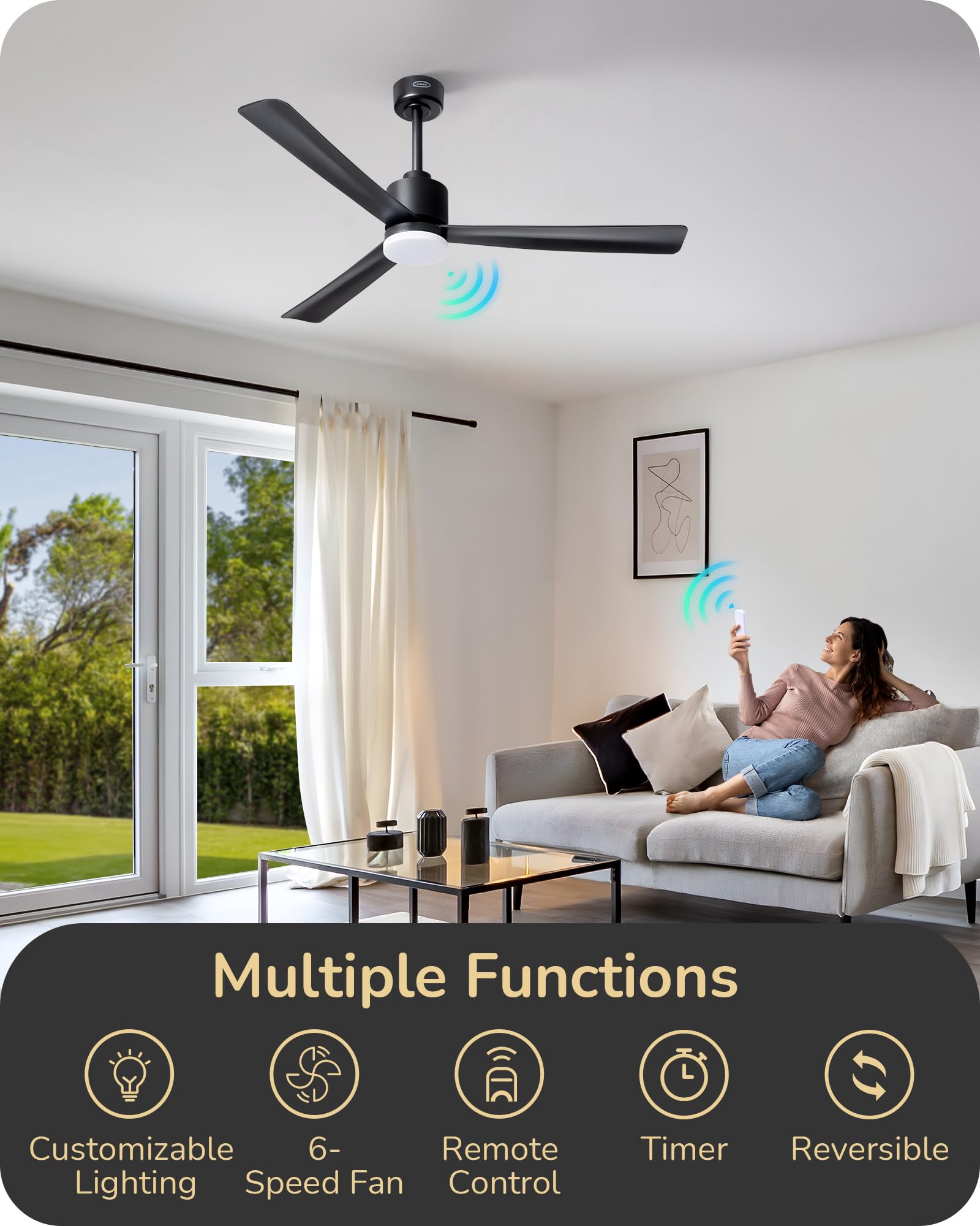 EDISHINE 52" Modern Matte Black Ceiling Fans with Lights, Noiseless, Remote Control, 3CCT Dimmable, Reversible DC Motor, 6 Speeds, Indoor Ceiling Fan for Bedroom, Living Room, Home Office