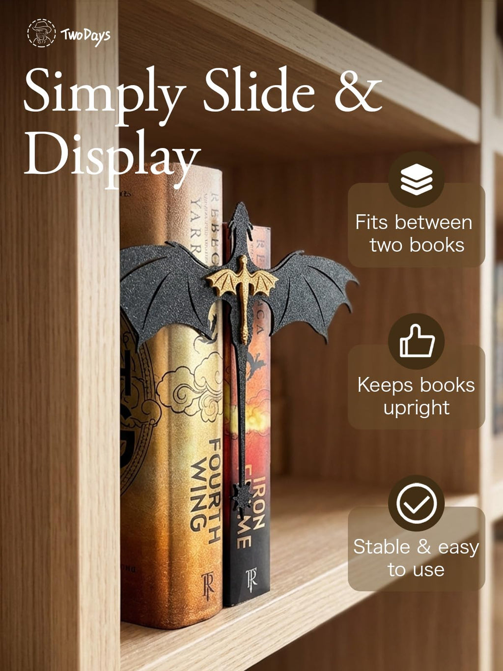 TwoDays Dragon Wing Inspired Bookshelf Display Decor - Romantasy Romance Merch, Fantasy Book Accessories Merchandise, Gifts for Bookish Book Lovers Library (8.5'' x 6.8'')