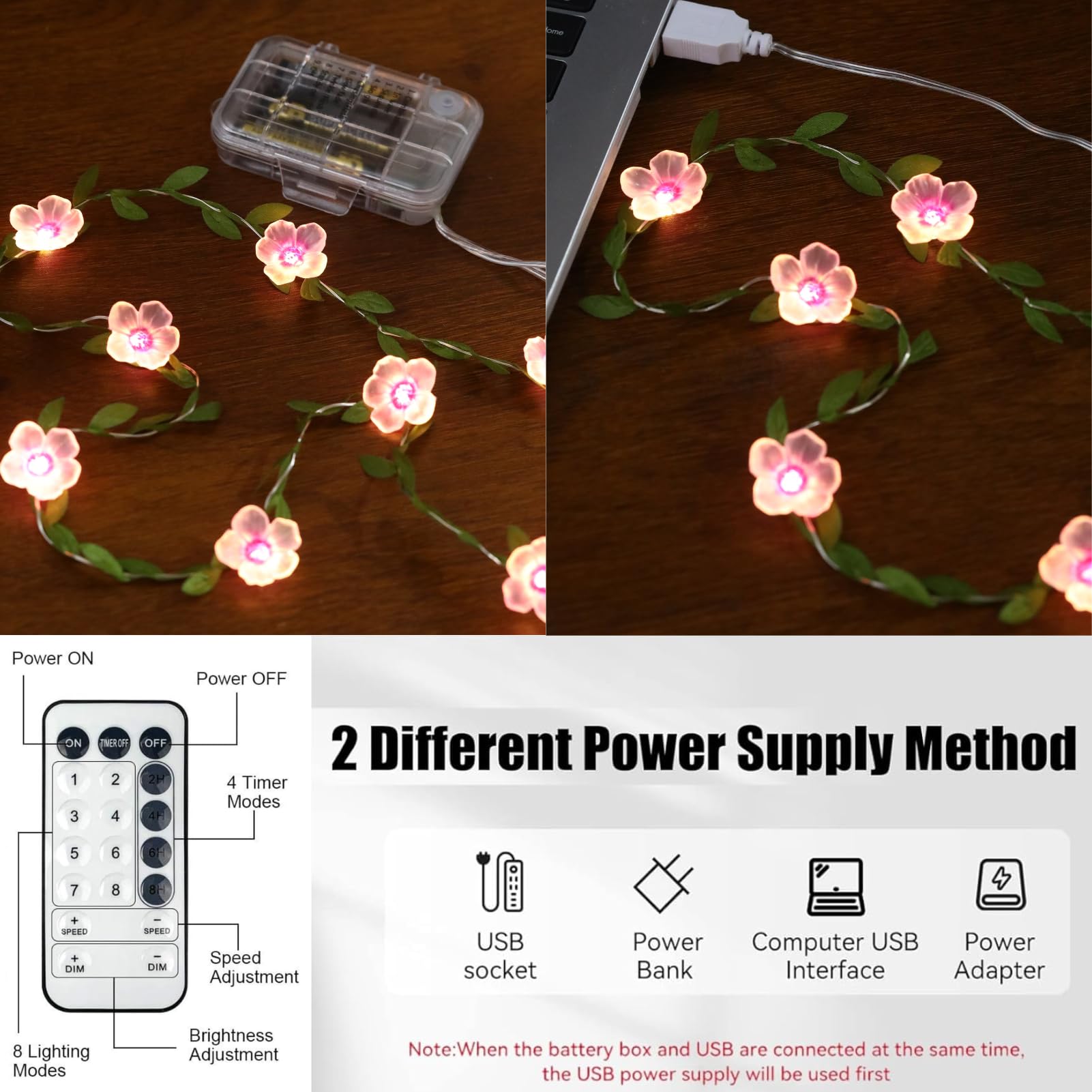 Cherry Blossom Vine Lights 13ft 40 LED Flower String Lights USB Plugin & Battery Operated Fairy Lights with Timer 8 Modes Remote Decorative Light for Graduation Bedroom Wedding Birthday Party Gift