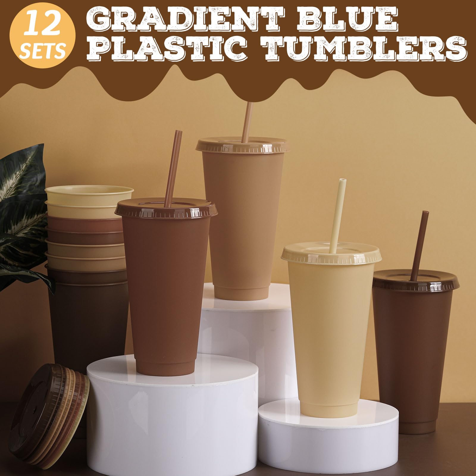 Skylety 12 Pcs Brown Plastic Cups with Lids and Straws 24 oz Reusable Tumbler Large Travel Mug Cup Coffee Beverage Drinks Party Supplies for Wedding Bridal Baby Shower Birthday