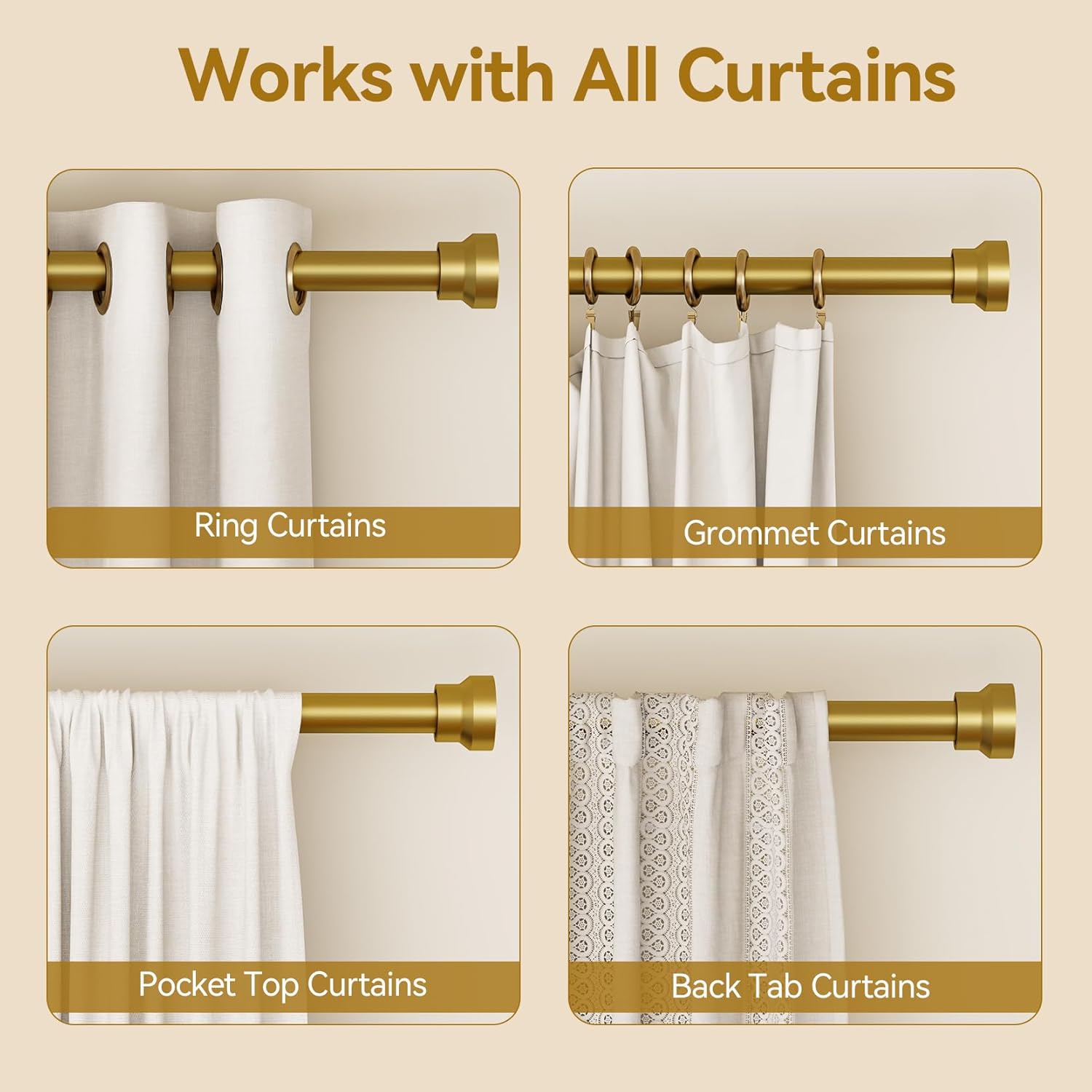 YaFex Adjustable Curtain Rods - Heavy Duty 1 Inch, 32-58 Inch, Modern Gold Design, Easy Installation