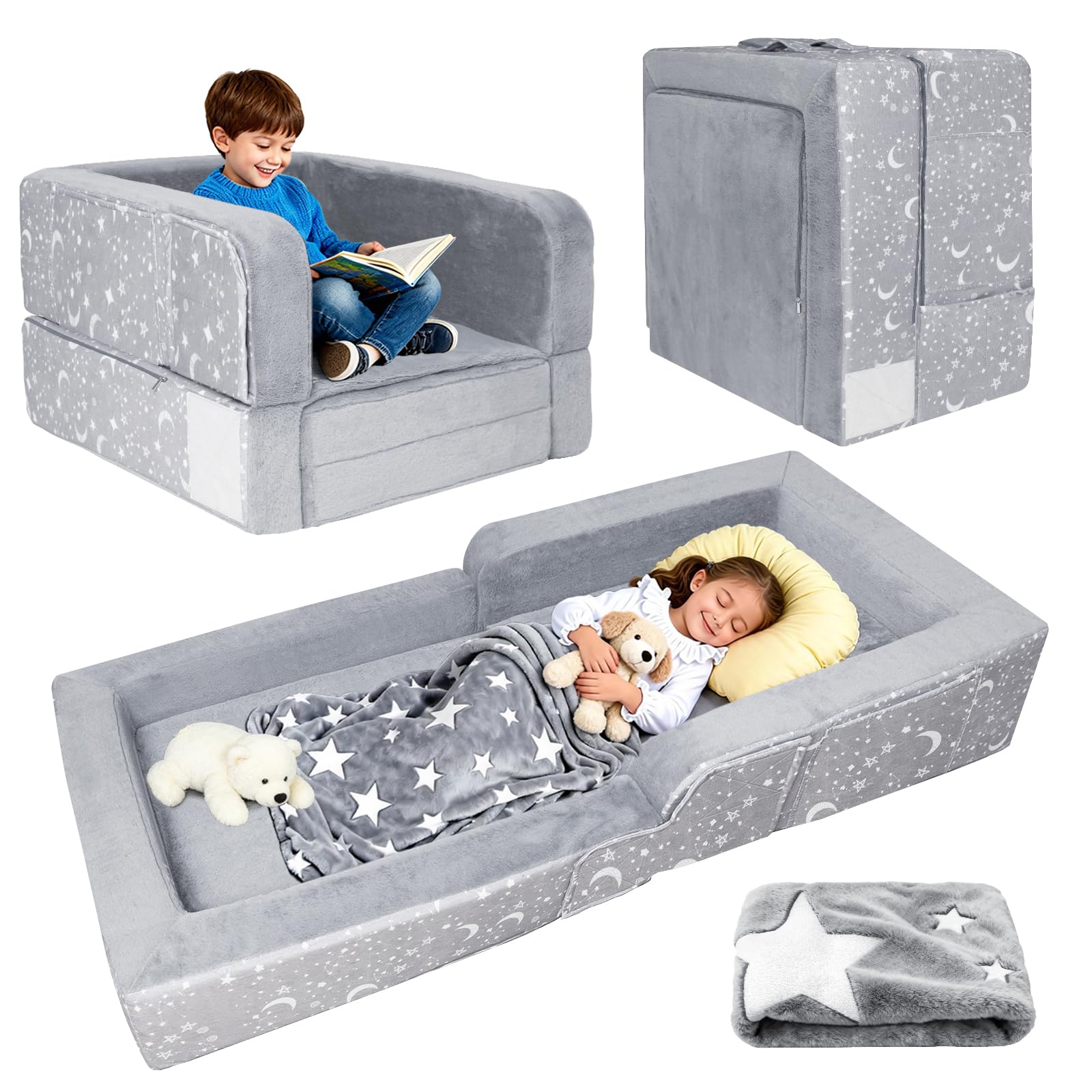 Portable Toddler Travel Bed, 2 in 1 Foldable Toddler Bed Sofa Chair, Soft Baby Kids Travel Floor Beds with Washable Cover, Blanket, Safety Foam Raised Bumper for Camping Hotel Grandma’s House Sleeping