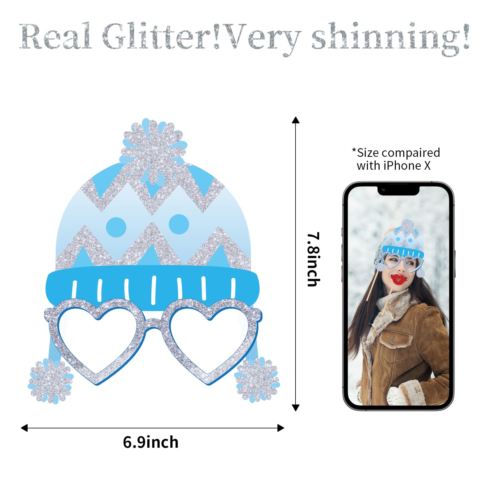 Glitter Winter Photo Booth Props Set,32pcs Winter Wonderland Decorations,Fun Snowman Snowflake Selfie Props Signs,Christmas Photo Backdrop Table Decorations for Holiday Birthday Party Favors Supplies