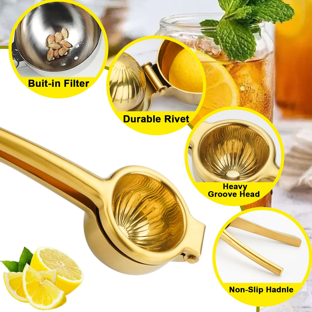 SHIKORI Lemon Squeezer, Large Heavy Duty Handhelp Juicer for Lemon, Stainless Steel Hand Press Citrus Juicer, Lime Squeezer Bar Tool, Manual Citrus Press (Gold)