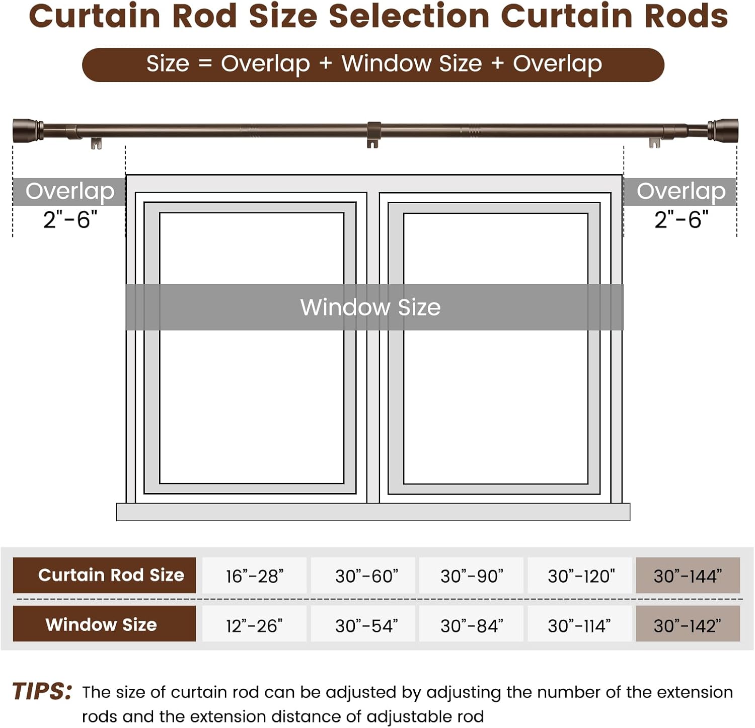 Skiennix Heavy-Duty Adjustable Brown Curtain Rod | 30-144 Inch, Fits 66-120 Inch Windows