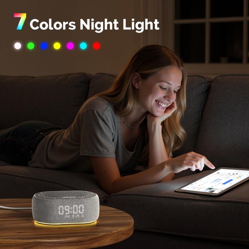 1Mii White Noise Sound Machine with Alarm Clock, Sound Machine for Sleep for Adult Baby, 30 Soothing Sounds, Easy App Controlled, Dimmable 7-Color Night Light, Sleeping Timer, 30 Volume Levels - Grey