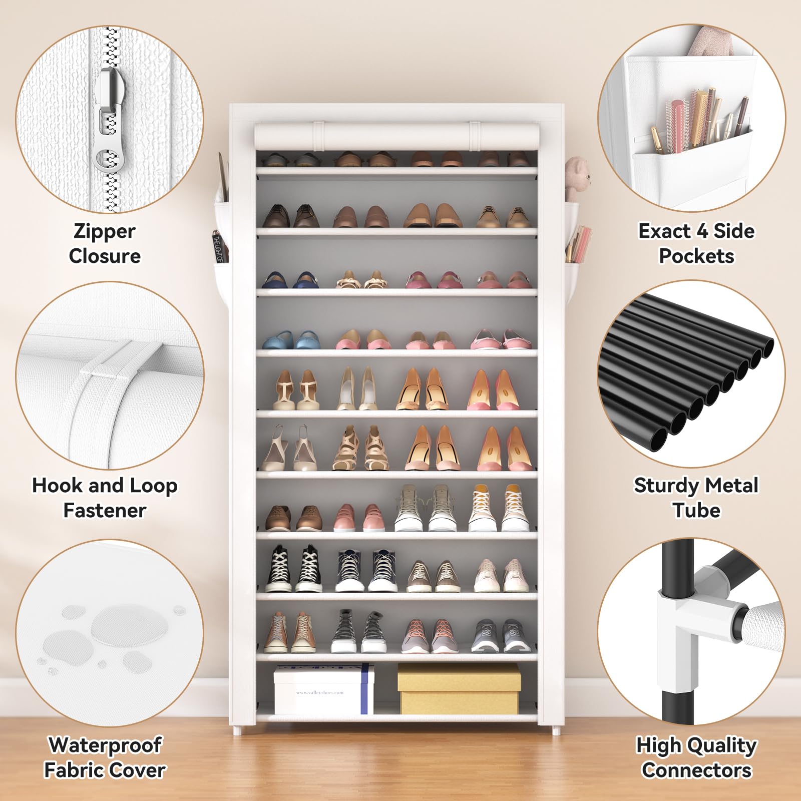 ROJASOP Shoe Rack with Covers 10 Tier Large Shoe Organizer Tall Shoe Closet Storage for 50-55 Pairs Shoe and Boot, Free Standing Shoe Rack Organizer for Closet, Entryway, Bedroom, White