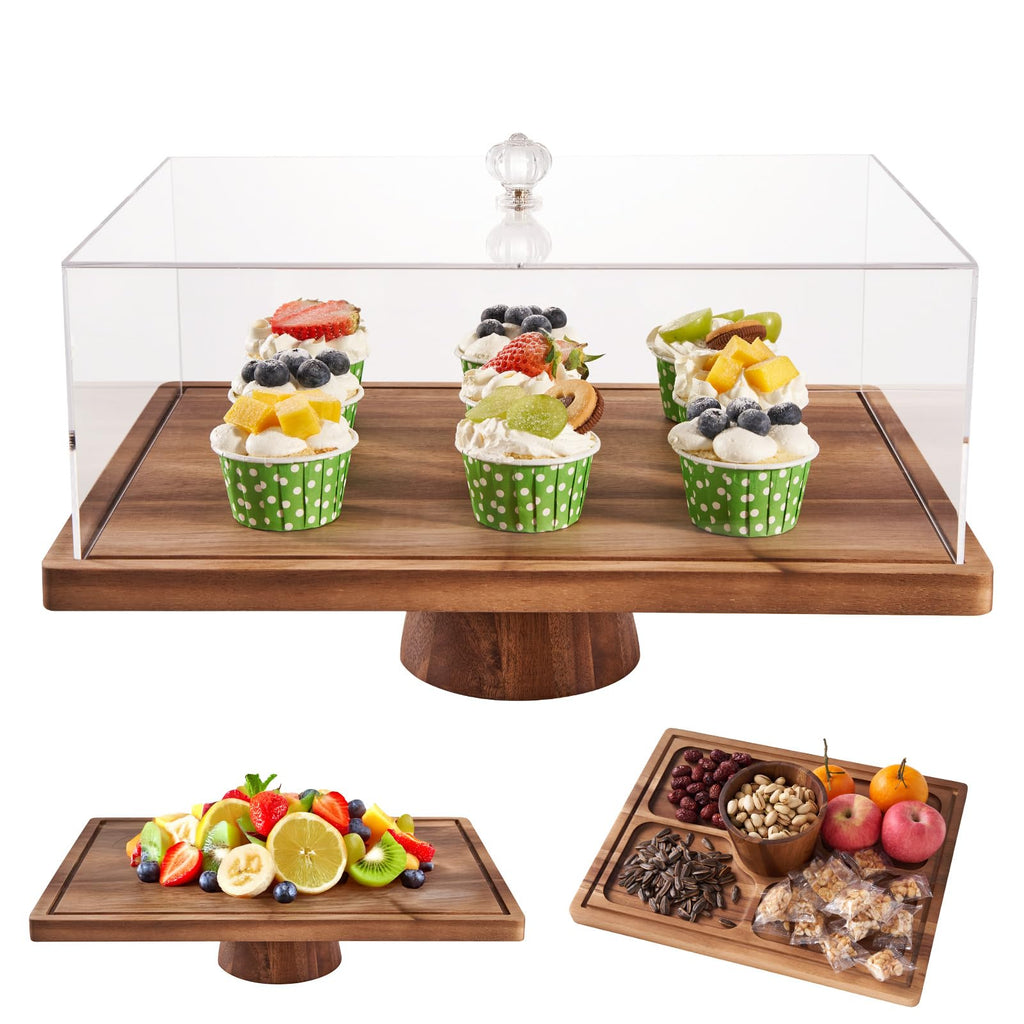 LiTY Large Cake Stand with Lid, 17″ Rectangular Multi-Functional Cake Holder, Acacia Solid Wood 2-in-1 Dessert Table Display Set, Charcuterie Board for Cheese ,Fruit Platter, Acrylic Cake Dome Cover