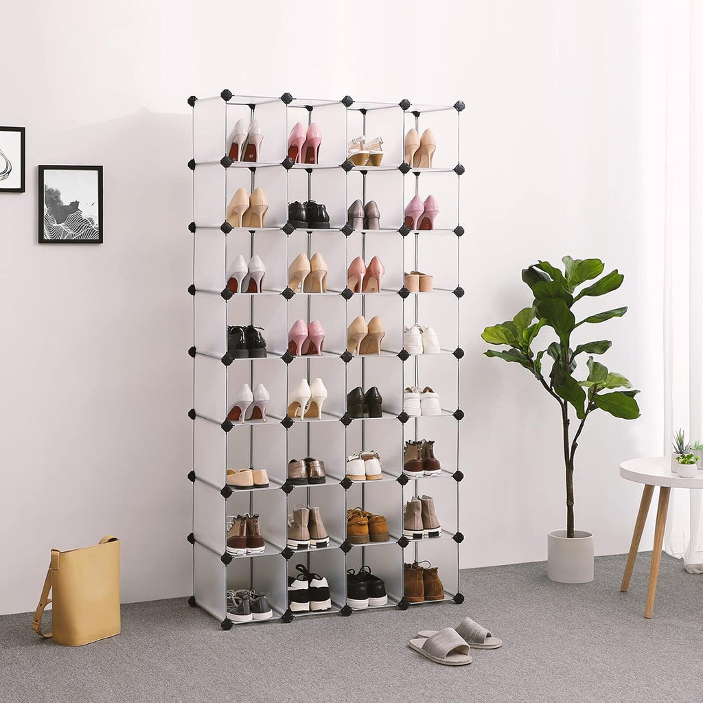 SONGMICS Shoe Rack - 32 Cube Interlocking Plastic Organizer | DIY Storage Cabinet for Closet, Entryway, Garage - Space-Saving Design, 13.9 x 35.1 x 54.5 Inches