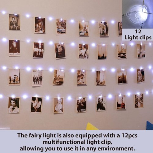 HXWEIYE 120LED White Photo Clip String Lights - 40Ft Fairy Lights with 52 Clear Clips & 12 Hooks | USB Powered, Timer & 8 Modes for Bedroom & Wedding Decor