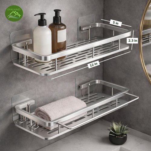EVALAND Shower Caddy - Adhesive 2-Pack with Hooks & Rod | Premium Rustproof Bathroom Organizer, Silver
