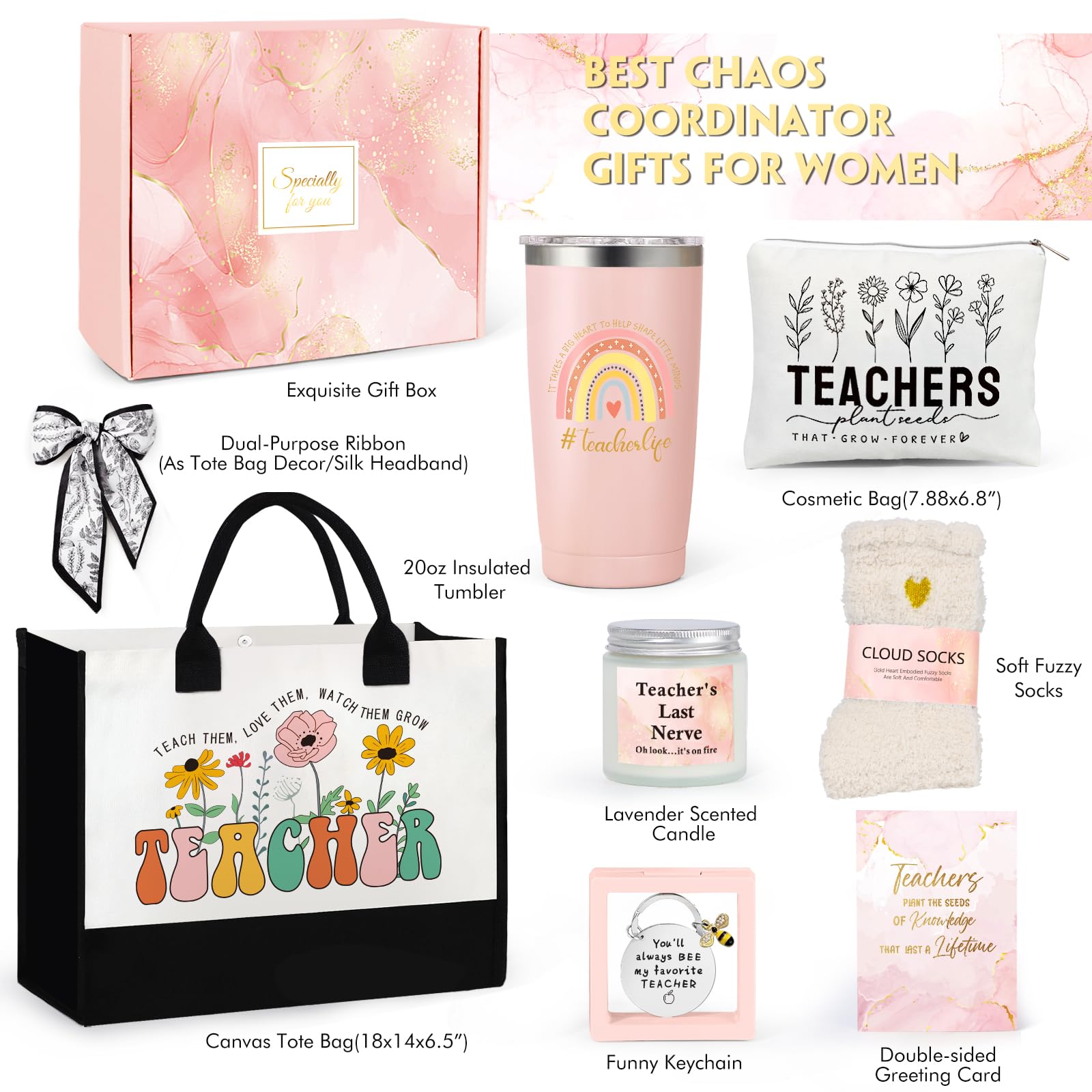 Suhctuptx Teacher Appreciation Gifts, Best Teacher Tote Bags for Women, Unique Gift Ideas from Students - Funny Thank You Basket Box Back to School Christmas Gifts Birthday Gift Pink