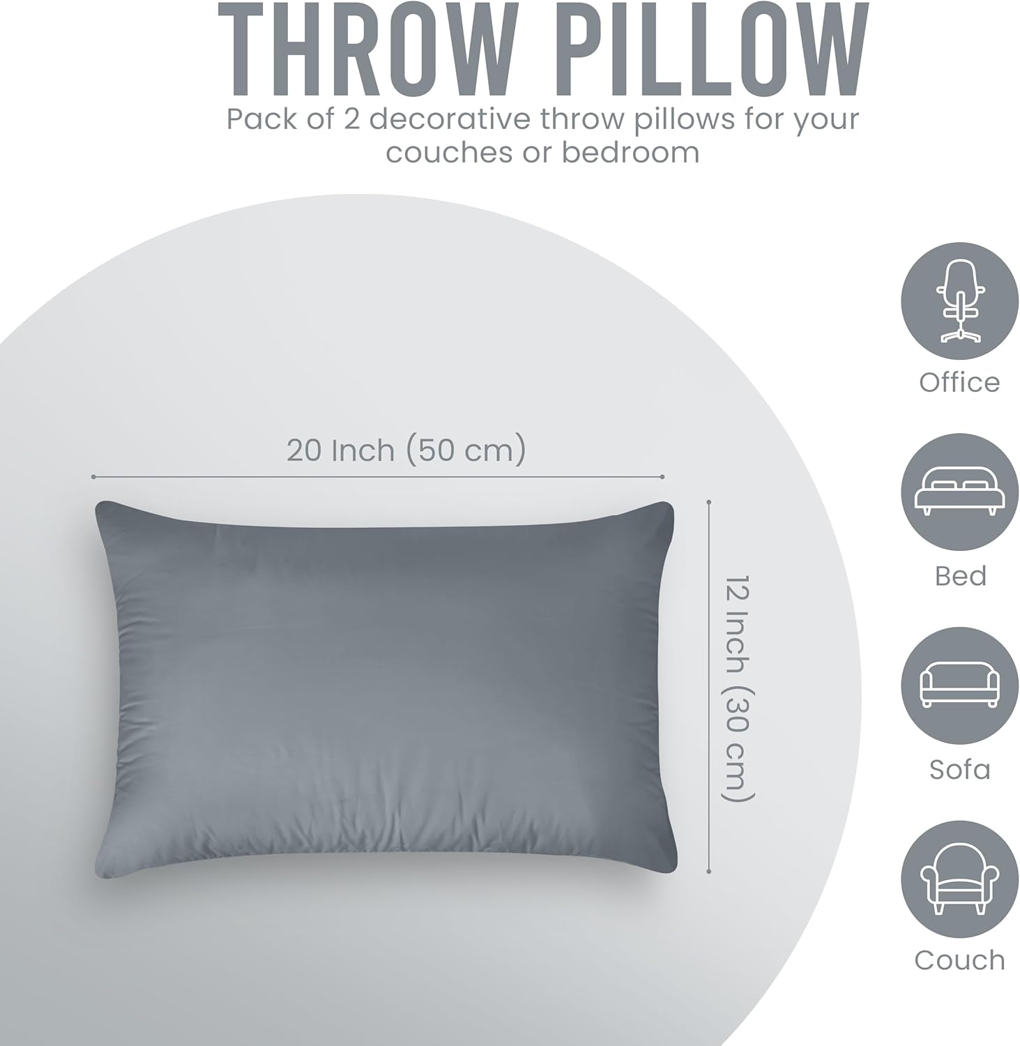 Utopia Bedding 12x20 Pillow Inserts - Set of 2 Grey Decorative Throw Pillows for Sofa & Couch - Soft & Fluffy Cushions