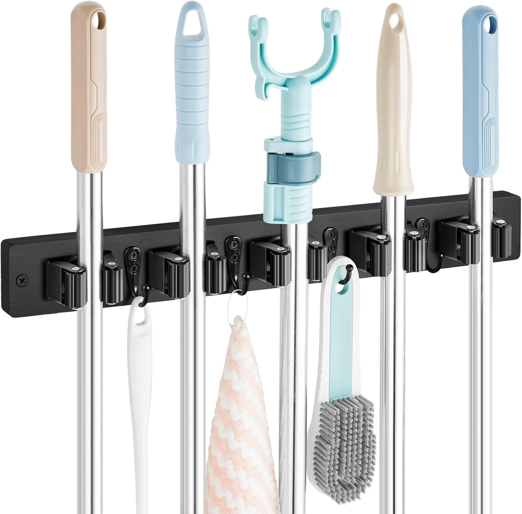OUTNILI Mop and Broom Holder Wall Mount - Black Tool Organizer with 5 Slots & 4 Hooks for Garage, Kitchen, Laundry
