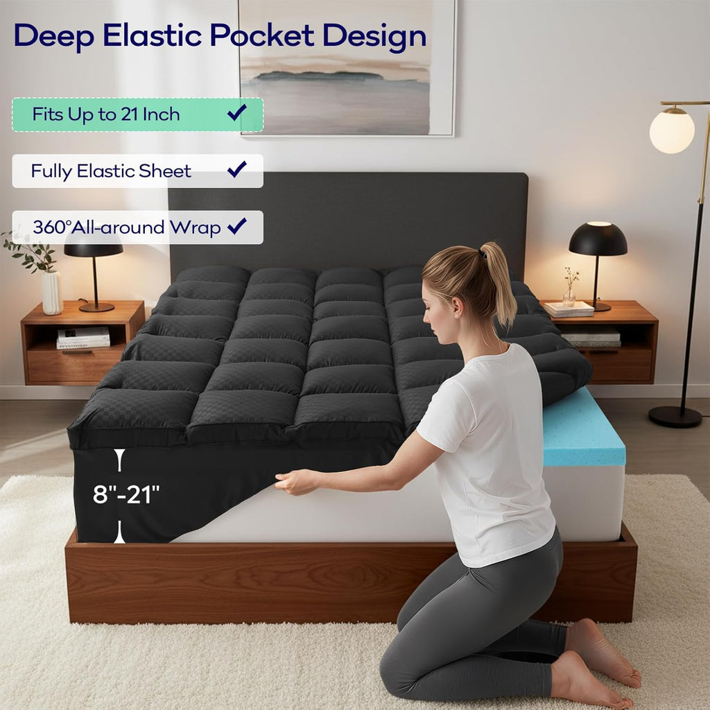 OLANLY Memory Foam Mattress Topper - 4 Inch Queen Size with Cooling Pillow Top & Gel Foam - Black