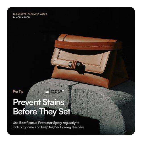 HandBagRescue All-Natural Cleaning Wipes. Remove Dirt & Surface Stains & Conditions Leather Handbags with Essential Oil. Box of 10 Individually Wrapped Wipes.